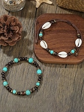 economico Gioielli da uomo-Set di due bracciali da uomo in stile boho, con perline di legno, turchese e conchiglia, perfetti per le vacanze al mare e per uno stile casual quotidiano.