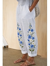 abordables Pantalons Graphiques-Femmes Slacks Pantalon décontracté Droit Vacances Basique Occasionnel Longueur complète Longueur cheville Naturel Fleuri Graphique Avec Poches Impression Conception à cordon élastique Confortable
