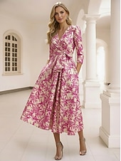abordables Vestidos de cóctel-Corte A Vestido Midi Vestido formal Vestidos de coctel Elegante Manga 3/4 Escote en Pico Boda Formal Jacquard con Lazo(s) Plisado