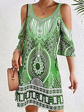 billige Boho-kjoler-Dame Mini kjole Boho-kjole Vintage kjole Uformell kjole Elegant Mote Moderne Feriereise Ut på byen Helg Normal Geometrisk Stamme Halvlange ermer V-hals Blå Lilla Brun Grønn Sommer Vår