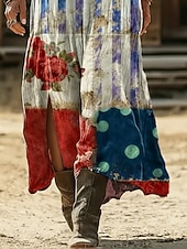  Unabhängigkeitstag Damen Maxikleid Freizeitkleid A Linie Kleid Druckkleid Vintage Outdoor Urlaub Wochenende Normale Passform Flagge Kurzarm V Ausschnitt Rote Sommer Frühling
