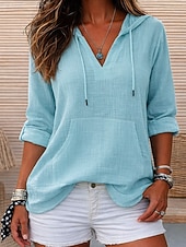 tanie Gładkie bluzy z kapturem-Damskie Koszule bawełniane lniane Jednokolorowe Codzienny Elegancki Podstawowy Długi rękaw Kaptur Zwykłe topy Codzienny Niebieski Granatowy Beżowy Lato Wiosna Jesień