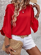 abordables Blusas Elegantes-Mujer Camisa Blusa Blusa con volantes Volante Plano Elegante Clásico Moderno Manga 3/4 Cuello Barco Tops regulares Diario Festivos Noche Negro Rojo Naranja Verde Trébol Albaricoque Verano Primavera