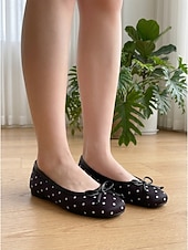 preiswerte Ballerinas für Damen-Schwarze Damen-Ballerinas mit Polka-Dots – klassische, runde Slipper zum Hineinschlüpfen mit Schleifenverzierung für Büro und Alltag &amp;Freizeitkleidung