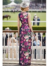 preiswerte Bodenlänge-Schlauchkleid Bodenlang Kleid für Hochzeitsgäste Abendkleid Derby-Kleid Brautmutterkleid Ärmellos V Ausschnitt Elegant Formell Kentucky Derby Satin mit Blumenmuster