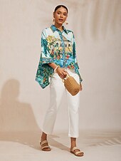 economico Bluse e camicie-Isole Baleari, top blu in raso setoso con maniche a pipistrello