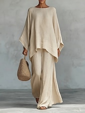 tanie Zestawy-Damskie Zestaw o fakturze lnu Zestawy spodni Długi rękaw Półgolf Jednokolorowe Moda Moda miejska Codzienny Na zewnątrz Czarny Biały Khaki Wiosna i lato Luźna