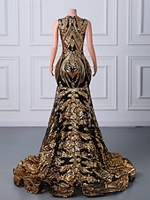 abordables Vestidos de Noche Sirena-Corte Trompeta Sirena Cola barrida Trajes de gala Vestidos de noche Corte Cenicienta Vestimenta formal Elegante Sin Mangas Escote de ilusión Carnaval Formal afroamericano Lentejuelas con Lentejuela
