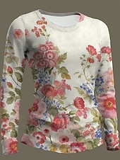 economico T-shirt floreale-Per donna Maglietta Stampato Floreale Grafico Moda Classico Casual Manica Lunga Girocollo Top Regolari Quotidiano Weekend Rosa Rosso Viola Estate Primavera