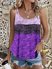お買い得  グラフィックタンク-女性用 タンクトップ 夏のトップス ドレッシーなトップス プリント オンブル’ グラフィック カラーブロック ヴィンテージ スタイリッシュ クラシック ノースリーブ クルーネック スパゲティストラップ ロングトップス 日常 ブルー パープル オレンジ グリーン 夏 春