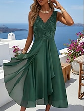 abordables Vestidos de gasa-Mujer Vestido Midi Vestido de encaje Vestido informal Vestido Cóctel Vestido Invitada Boda Ropa de calle Casual Vacaciones Calle Festivos Ajuste regular Sin Mangas Escote en Pico Azul Piscina Verde