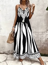 economico Abiti a Strisce e Geometrici-Per donna Abito maxi Vestito Estivo Abito a trapezio Abito Sottoveste Vacanza Casual Spiaggia Uscire Vestibilità regolare Grafico Leopardo Blocco di colori Senza Maniche Scollo a V Nero Estate