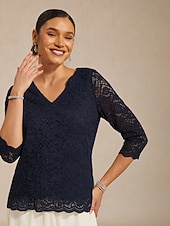 billige Enkle bluser-Dame Blondeskjorte Bluse Blonde Helfarge Elegant Stilfull 3/4 ermer V-hals Vanlige topper Daglig Arbeid Navyblå Sommer Vår Høst