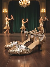 ieftine Anii 1920 &amp; Era Gatsby-pantofi de dans de damă cu sclipici argintii - tocuri latine de bal cu curele la gleznă pentru salsa, tango și performanță