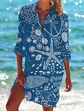 tanie Bluzki Art&amp;Design-Damska sukienka koszulowa z nadrukiem rozgwiazdy, plażowa, zapinana na guziki, z długim rękawem i kieszenią, na co dzień – letnie wakacje