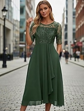 billiga Chiffongklänningar-Dam Midiklänning Chiffongklänningar Spetsklänning Cocktail klänning Bröllopsgästklänning Elegant Formell Fest Bröllop Normal Halvlång ärm Rund hals Rodnande Rosa Guld Grön Mörkblå Sommar