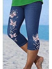 abordables Impresión 3D Azul-Mujer Pantalones Capri Polainas Vacaciones Moda Hawaiano Medio corto Media cintura Floral Graphic Mariposa Estampado Comodidad Suave Transpirable Elástico Casual Diario Vacaciones Azul Piscina Verano