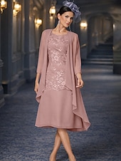 זול ערכות שמלות של אמא-שני חלקים מעטפת עמוד באורך הקרסול שמלת אורח לחתונה שמלה לאם הכלה  ללא שרוולים עם תכשיטים אלגנטית אורחת חתונה מסיבת החתונה שיפון תחרה שמלות ז'קט עם אפליקציות