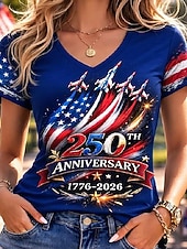  Unabhängigkeitstag Amerikanisches Jubiläum Patriotisches Frauen T-Shirt Druck Grafik Flagge Vintage Stilvoll Klassisch Kurzarm V-Ausschnitt Reguläre Oberteile Täglich Blau Schwarz Weiß Rot Sommer