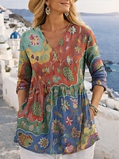  Damen Bluse Druck Blumen Grafik Urlaub Täglich Lässig Dreiviertelarm V Ausschnitt Normale Oberteile Täglich Ferien Ausgehen Rote Sommer Frühling Herbst