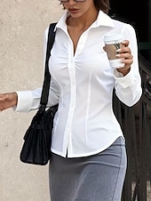 abordables Blouses Unies-Femmes Chemise Chemise boutonnée Chemise Décontractée Froncé Boutons Uni Élégant Moderne Occasionnel manche longue Col de chemise Hauts Réguliers Quotidien Fête Sortir Noir Blanche Violet Gris Bleu