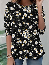 preiswerte Blumenblusen-Ramadan Damen T Shirt Druck Blumen Grafik Pflanzen Bohemien Vintage Stilvoll Langarm Rundhalsausschnitt Normale Oberteile Täglich Wochenende Urlaubskleidung Blau Schwarz Gelb Rosa Rote Sommer Frühling