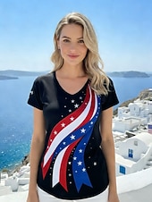  día de la independencia americana Mujer Camiseta Estampado Graphic Bandera estadounidense Elegante Clásico Casual Manga Corta Escote en Pico Tops regulares Diario Noche Azul Piscina Negro Verano
