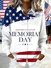  Jour de l'Indépendance Américaine Femmes Chemise Chemise en satin Imprimé Fleuri Graphique Drapeau Bohème ancien Élégant manche longue Col de chemise Hauts Longs Quotidien Fête Sortir Bleu Blanche