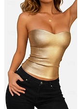 cheap Plain Tank-Women's Slim fit top Faux Leather Tank Tunic Backless Elegant Stylish Hot Sleeveless Bandeau Crop Tops Going out Party Outfits Date Night Outfits Gold Summer Spring