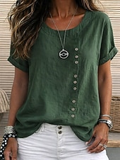 voordelige Overhemden-Dames 100% Katoen T-shirt Knop Effen Modieus Stijlvol Klassiek Korte mouw Strakke ronde hals Normale tops Dagelijks Uitgaan Weekend blauw Wit Geel Leger Groen Marineblauw Zomer Lente