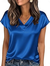 preiswerte Einfache Blusen-Damen Satin-Top Bluse Einfarbig Stilvoll Basic Lässig Kurzarm V Ausschnitt Normale Oberteile Täglich Blau Schwarz Weiß Champagner Rote Sommer Frühling Herbst