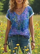 billiga Boho t-shirt-Dam T-shirt Mönster Blommig Grafisk bohemliv Vintage Ledigt Kortärmad V-hals Vanliga toppar Dagligen Blå Rubinrött Purpur Grön Sommar Vår