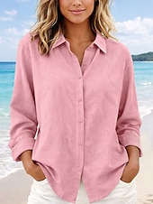 abordables Blusas Sencillas-Mujer Blusa Camisa de lino sintético Botones Color sólido Diario Casual Manga Larga Escote en Pico Tops regulares Diario Azul Piscina Blanco Amarillo Rosa Gris Verano Primavera Otoño