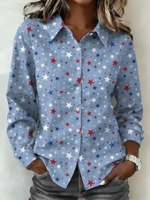  Día de la Independencia Camiseta para Mujeres Americana Botones Impresión Gráfica Aniversario de América Vintage Elegante Moderna de Manga Larga Cuello Cuello Regular Tops Diarios Negro Rojo Celeste