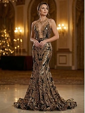 abordables Vestidos de Noche Sirena-Corte Trompeta Sirena Cola barrida Trajes de gala Vestidos de noche Corte Cenicienta Vestimenta formal Elegante Sin Mangas Escote de ilusión Carnaval Formal afroamericano Lentejuelas con Lentejuela