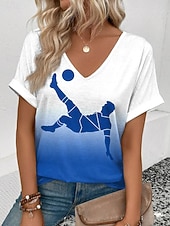 cheap World Soccer Match-World Soccer Match 2026 Women's T Shirt Print Ombre Graphic Color Block Vintage Stylish Classic Short Sleeve V Neck Regular Tops Daily Weekend Vacation Wear Blue White-Blue White Summer Spring