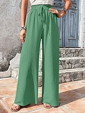 cheap Wide Leg &amp; High Waisted-Women's Wide Leg Chinos Vacation Streetwear Casual Full Length Medium Waist Plain Drawstring Pocket Elastic Waist Comfy Comfort Breathable Micro-elastic Daily Outdoor Streetwear Pea-Green Black Red