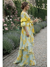 baratos Casamento Casual / Durante o Dia-Linha A Cauda Corte Vestidos de festa Floral vestido voador Manga Longa Decote V Festa de Jardim Convidado do casamento Polyester com Estampado Com tiras