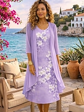 abordables Vestido Floral-Mujer Conjunto de vestido Vestido de una línea Elegante Vacaciones Floral Graphic Multi capa Estampado Vestido Midi Media Manga Cuello Barco Diario Vacaciones Azul Piscina Morado Verano Primavera