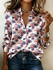abordables Top jour de l’indépendance-Jour de l'Indépendance Américaine Femmes Chemise Chemise en satin Imprimé Fleuri Graphique Drapeau Bohème ancien Élégant manche longue Col de chemise Hauts Réguliers Quotidien Fête Sortir Bleu
