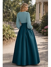 cheap A-Line Evening Dresses-A-Line Floor Length Evening Gown High Split Mother Of The Bride Long Sleeve V Neck Formal Wedding Guest Belt / Sash Satin with Pleats Slit