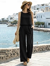 preiswerte Wesentliche Faux Co-ord Sets-Damen Hosen-Sets Kunstbaumwollleinen Ärmellos Rundhalsausschnitt Einfach Elegant Mode Streetwear Lässig Täglich Outdoor Blau Schwarz Orange Sommer Lässiger Schnitt