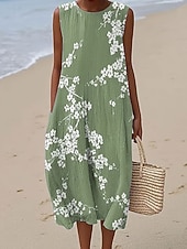 baratos Vestidos Florais-Mulheres Vestido midi Vestido de turno Vestidos Para o Verão Vestido A Line Férias Casual Boho Praia Festa Ajuste Largo Floral Gráfico Sem Manga Gola Redonda Azul Roxo Verde cáqui Verão Primavera