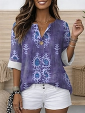 ieftine Bluze Art&amp;Design-Pentru femei Bluză Imprimeu Grafic Geometric Epocă Stilat Modern Lungime Manșon 3/4 Stil Nautic Topuri obișnuite Zilnic Concediu Costum de plajă Albastru piscină Mov Trifoi Albastru Închis Var