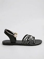 cheap Women-Women's Elegant Black Strappy Sandals - Comfortable Flat Summer Slides with Sparkling Rhinestones &amp; Ankle Strap for Luxury Hotel Stays, Poolside Parties &amp; Resort Vacations