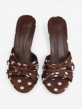 economico Sandali con tacco-Eleganti mules da donna marroni a pois con tacco alto - chic sandali in raso con fiocco e tacco a spillo, perfetti per banchetti serali, cene in resort di lusso e serate estive.
