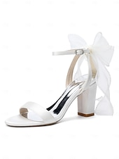 baratos noiva-Sandálias de noiva nude com salto bloco e laço - sapatos de casamento elegantes para casamentos no jardim.