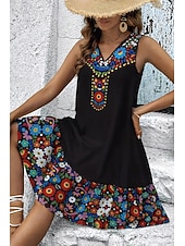 abordables Vestido Boho-Mujer Mini vestido Vestido de verano Vestido de una línea Casual Diario Festivos Holgado Floral Graphic Tribal Sin Mangas Escote en Pico Negro Beige Verano Primavera
