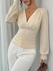 billiga Kostymblusar-Dam Skjorta Blus Långärmade toppar Rynkad Slät Mode Stylish Klassisk Långärmad V-hals Vanliga toppar Dagligen Helgdag Utekväll Svart Vin Aprikos Sommar Vår