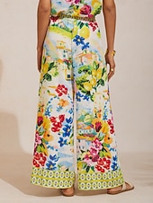 economico pantaloni da donna-pantaloni a gamba larga effetto lino leggero, perfetti per le vacanze in un giardino di agrumi.